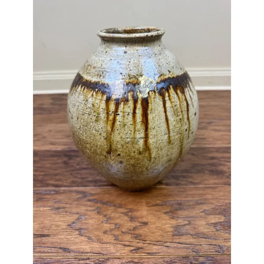 Signed Studio Pottery Drip Glaze Urn/Vase, Neutral Colors, Large